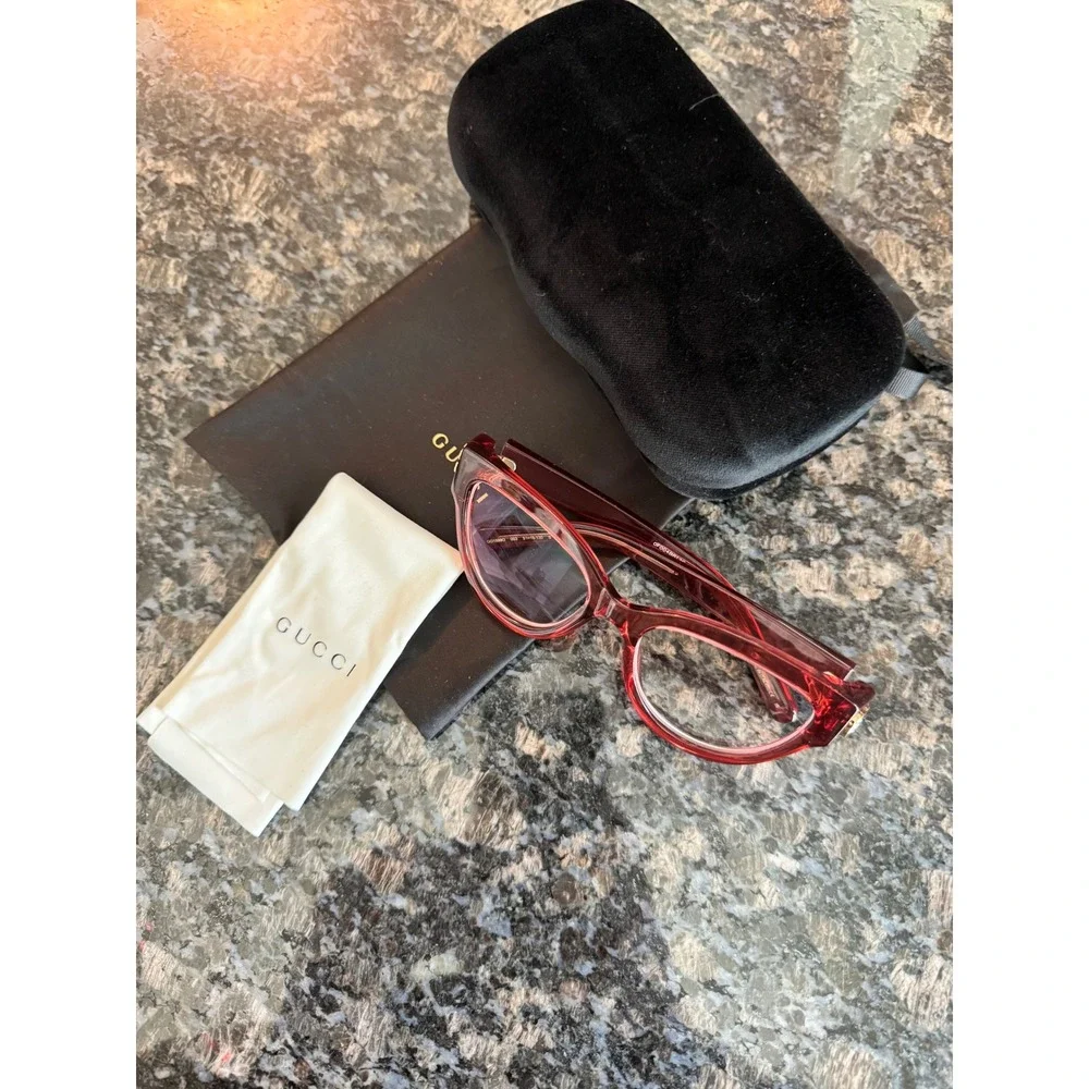 Gucci‎ GG1598O Pink Burgundy Cat Eye Optical Glasses Frames Gold Interlocking GG